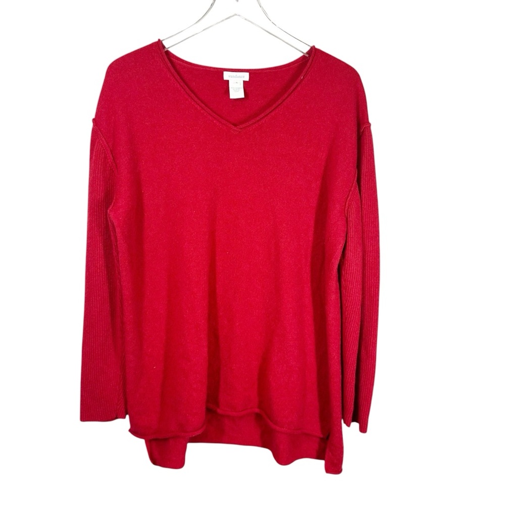 SUNDANCE Women's XL Red Cashmere V-Neck Lightweight Sweater with Ribbed Sleeves